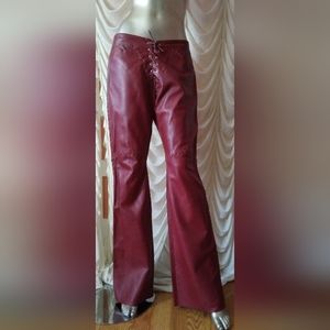 Leather pants by cerrucci fits on the leg bell at bottom, slip stitch on waist